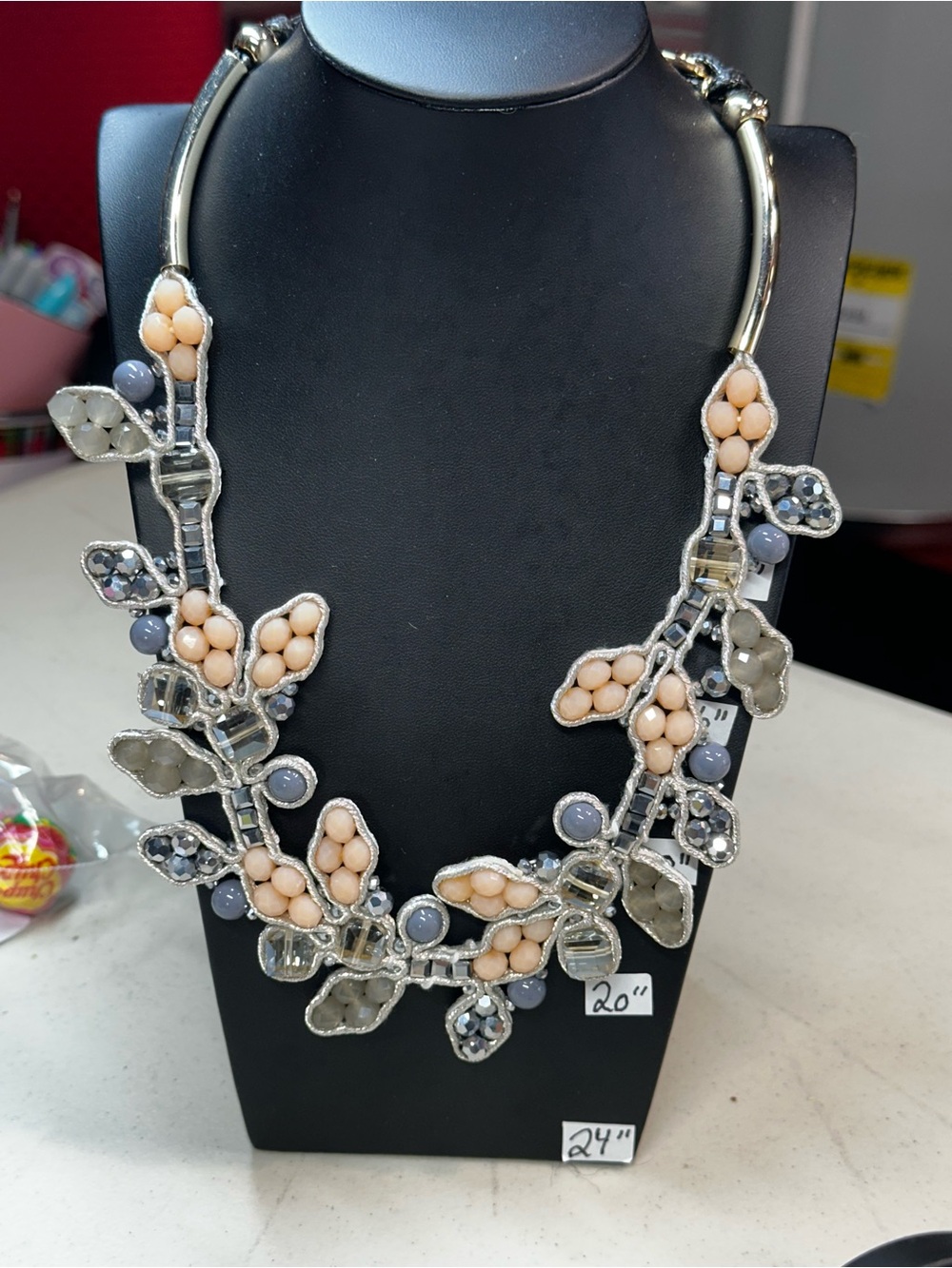 Peach and Gray Crystal Beaded Statement Necklace - Women Jewelry